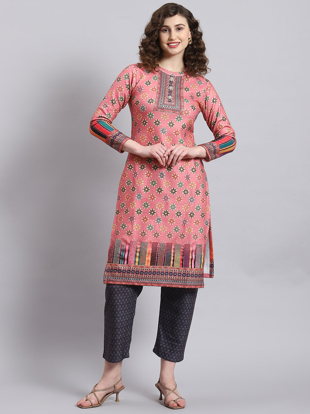 Women Pink Self Design Round Neck Full Sleeve Kurtis Set