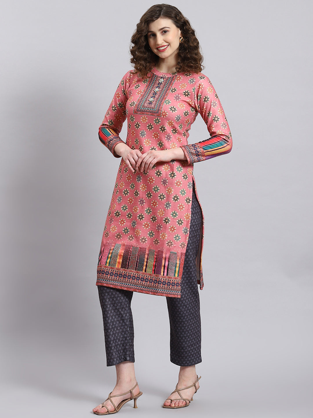 Women Pink Self Design Round Neck Full Sleeve Kurtis Set