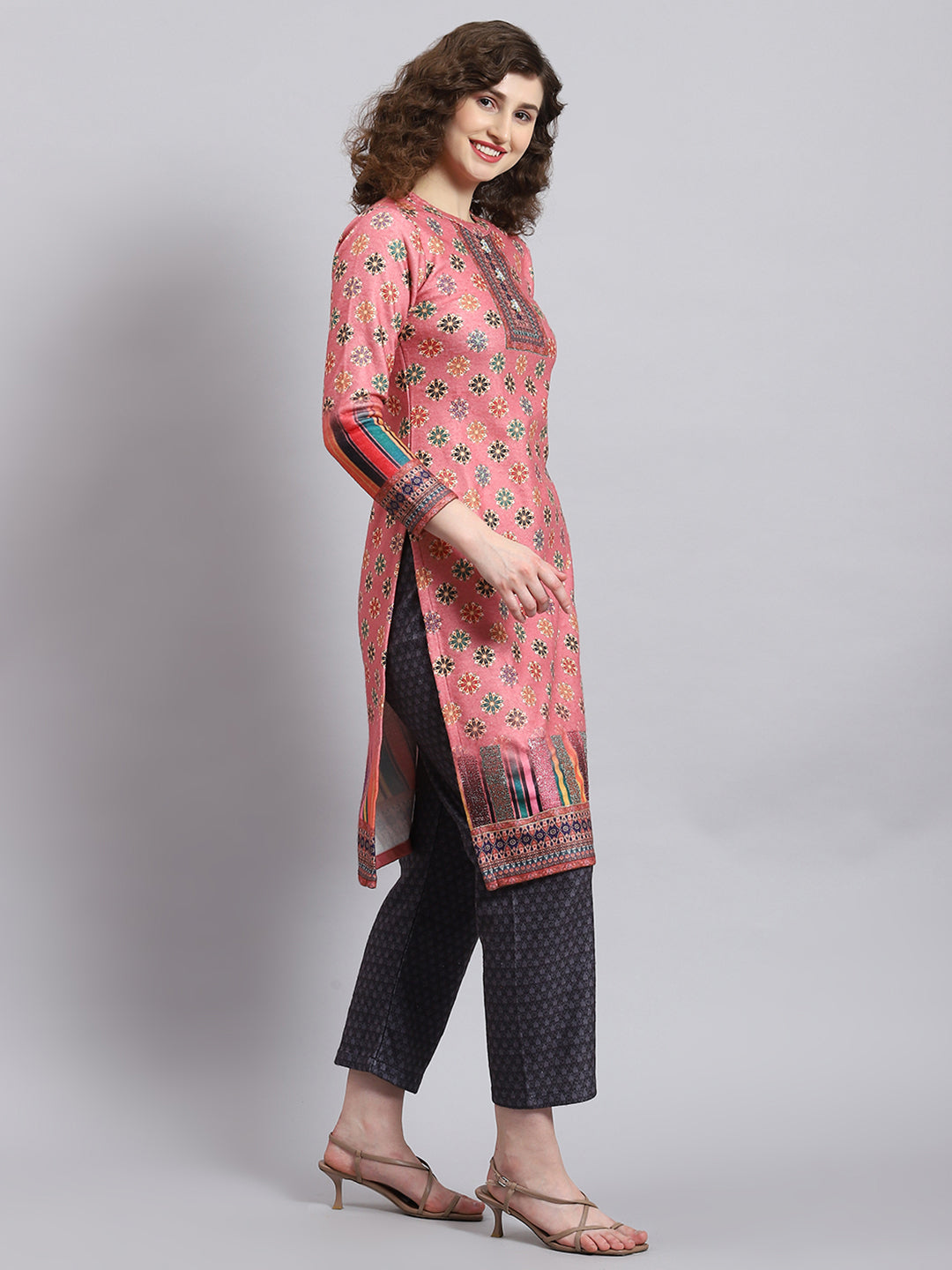 Women Pink Self Design Round Neck Full Sleeve Kurtis Set