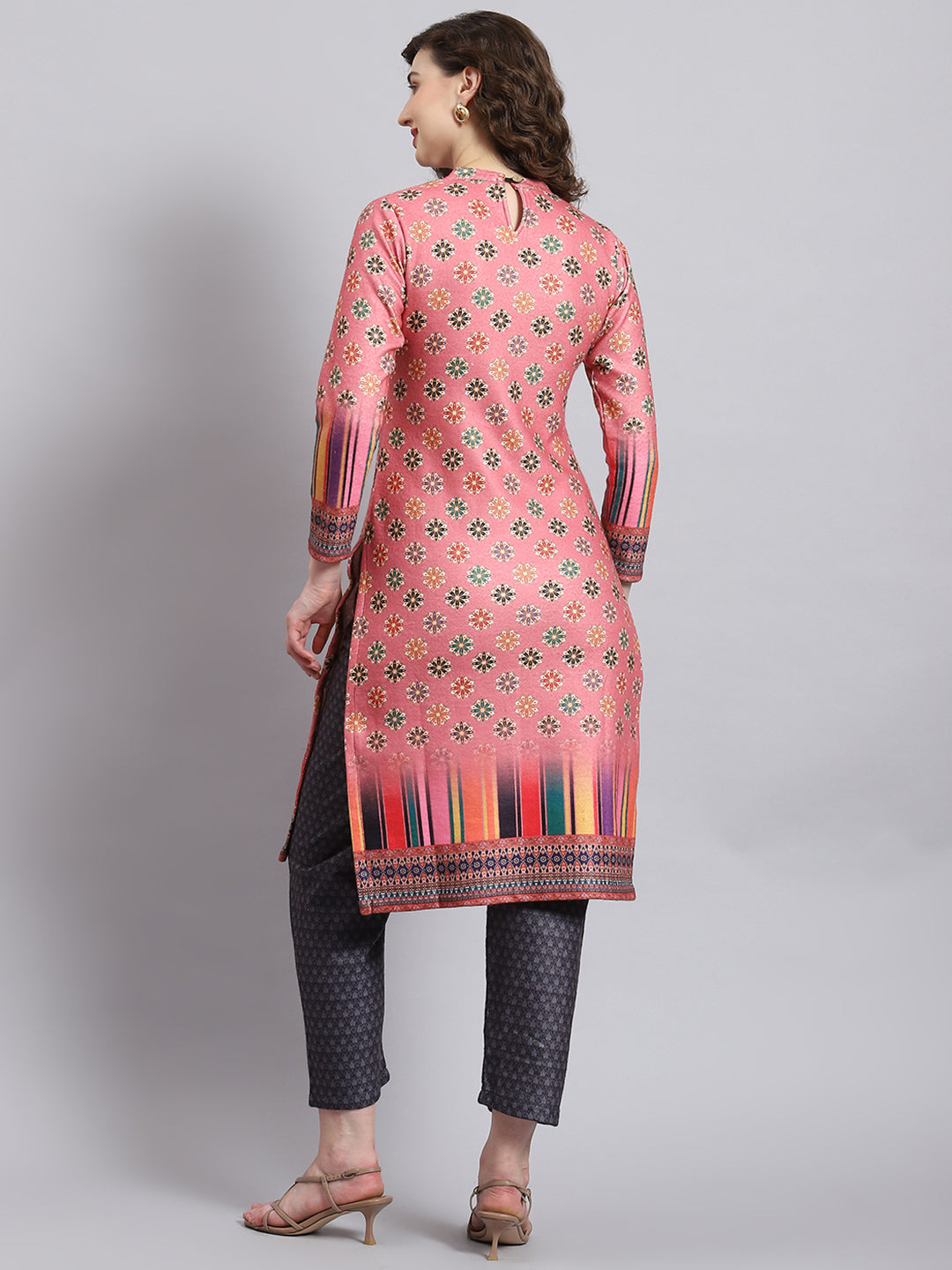 Women Pink Self Design Round Neck Full Sleeve Kurtis Set
