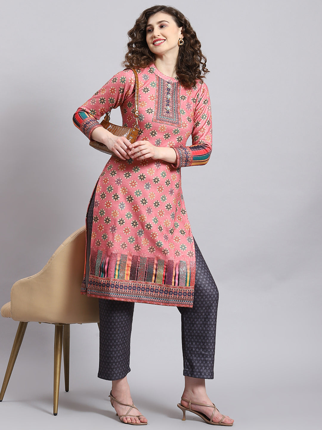 Women Pink Self Design Round Neck Full Sleeve Kurtis Set