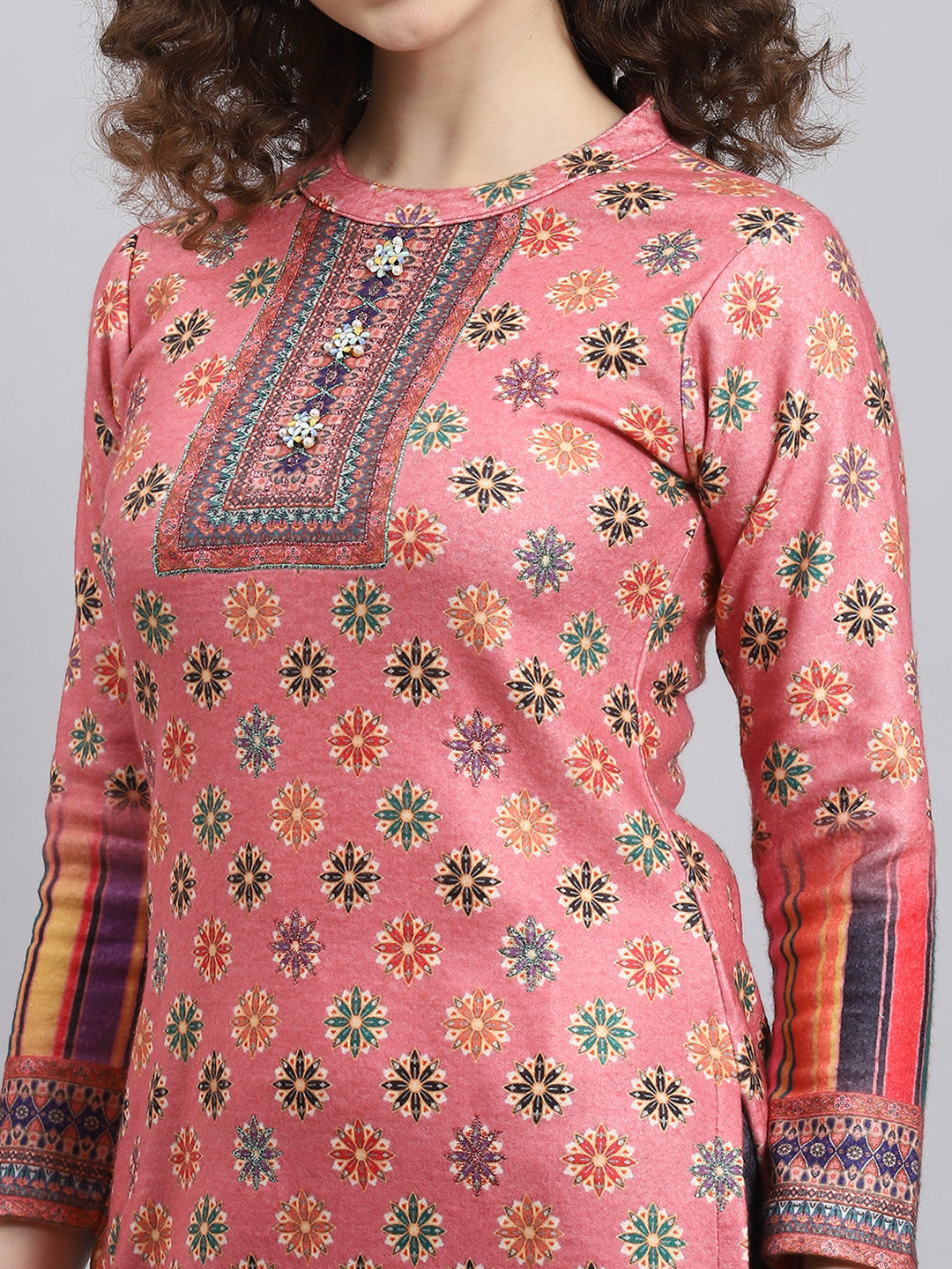 Women Pink Self Design Round Neck Full Sleeve Kurtis Set