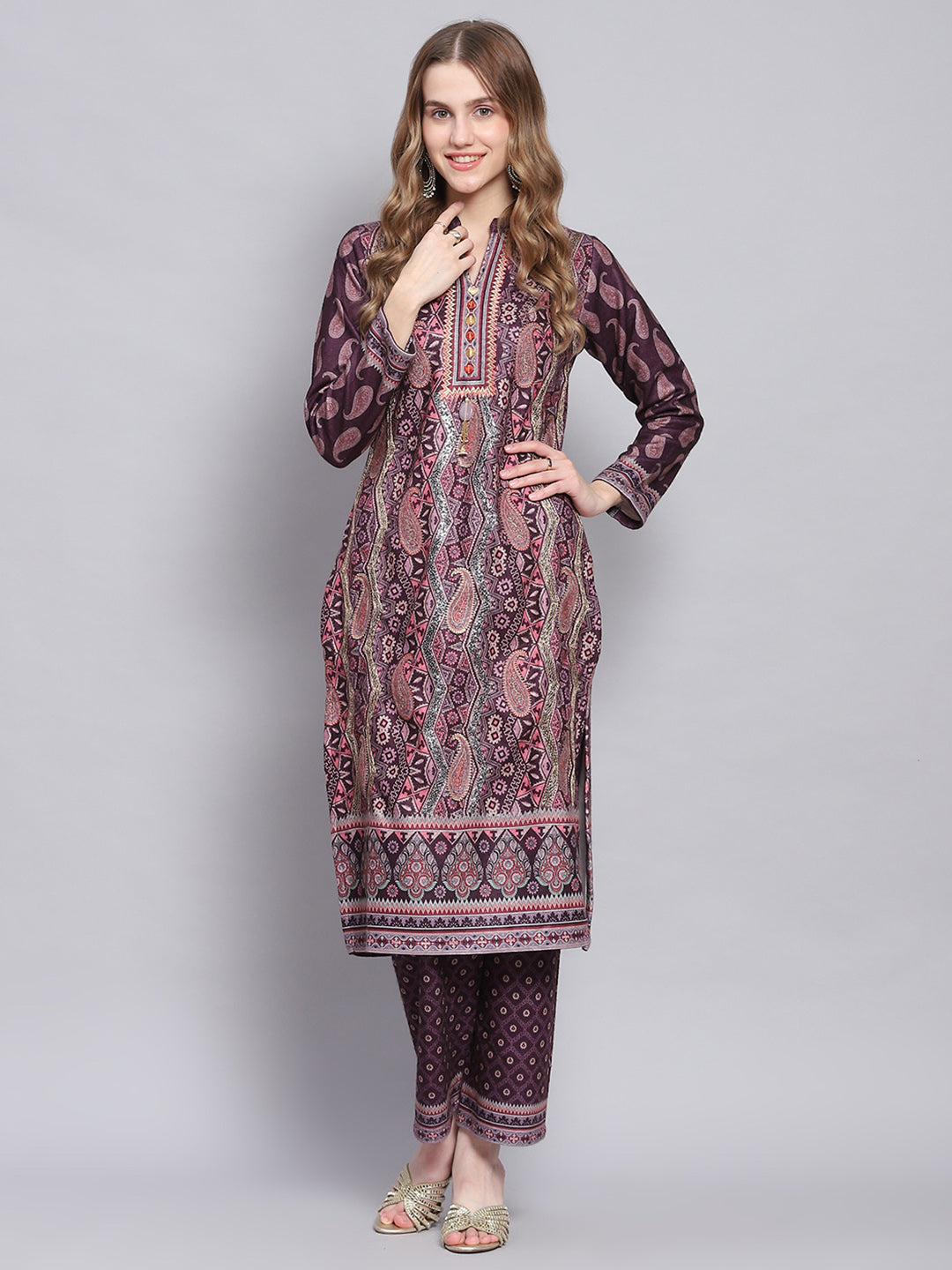 Women Purple Self Design Mandarin Collar Full Sleeve Kurtis Set