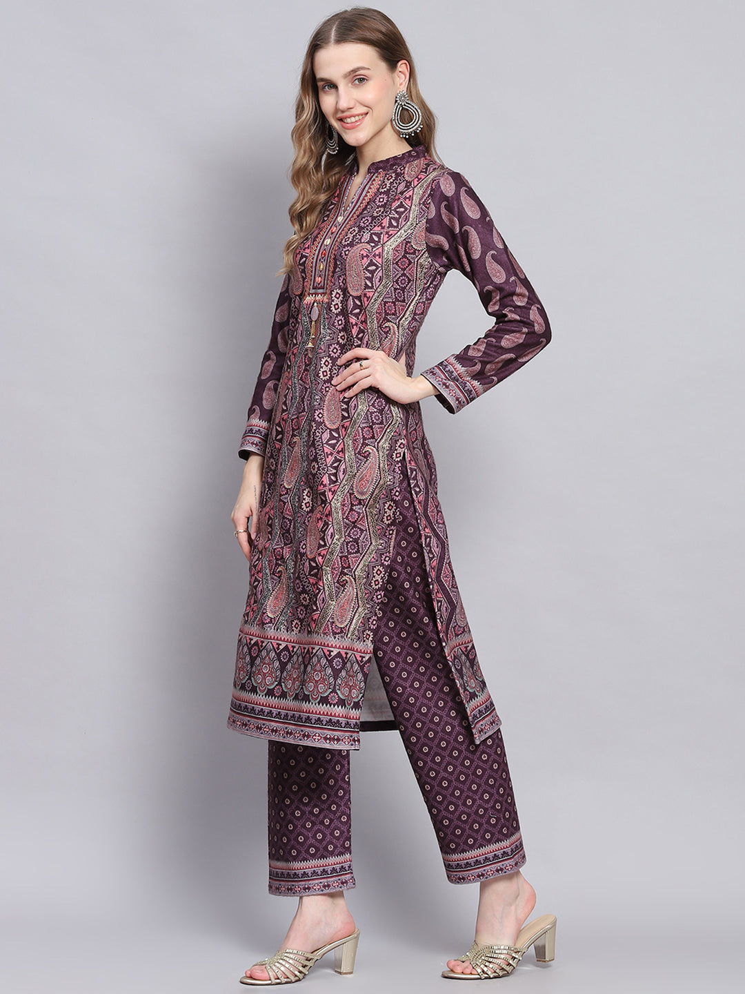Women Purple Self Design Mandarin Collar Full Sleeve Kurtis Set