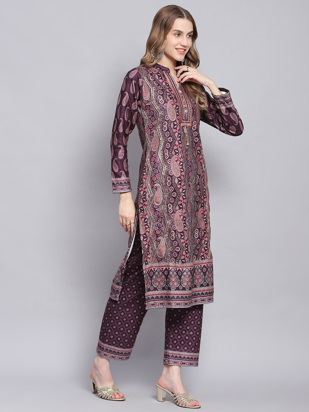 Women Purple Self Design Mandarin Collar Full Sleeve Kurtis Set