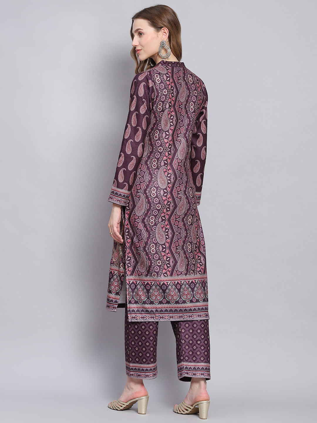 Women Purple Self Design Mandarin Collar Full Sleeve Kurtis Set