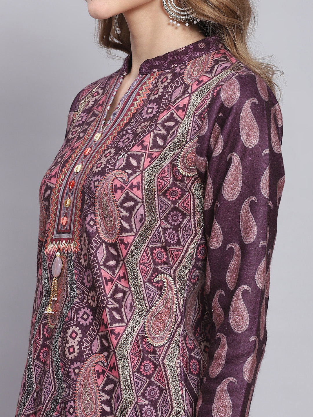 Women Purple Self Design Mandarin Collar Full Sleeve Kurtis Set