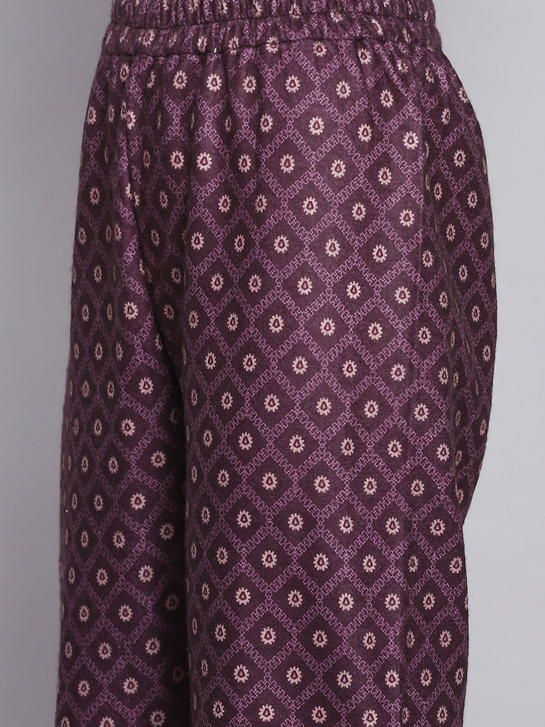 Women Purple Self Design Mandarin Collar Full Sleeve Kurtis Set