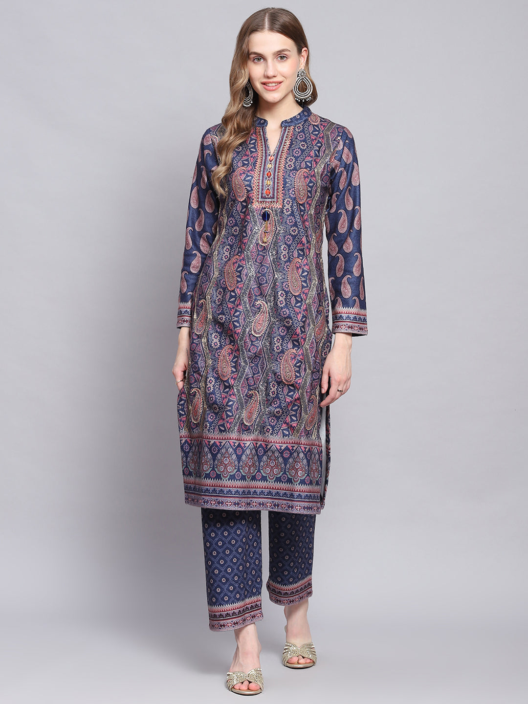 Women Blue Self Design Mandarin Collar Full Sleeve Kurtis Set