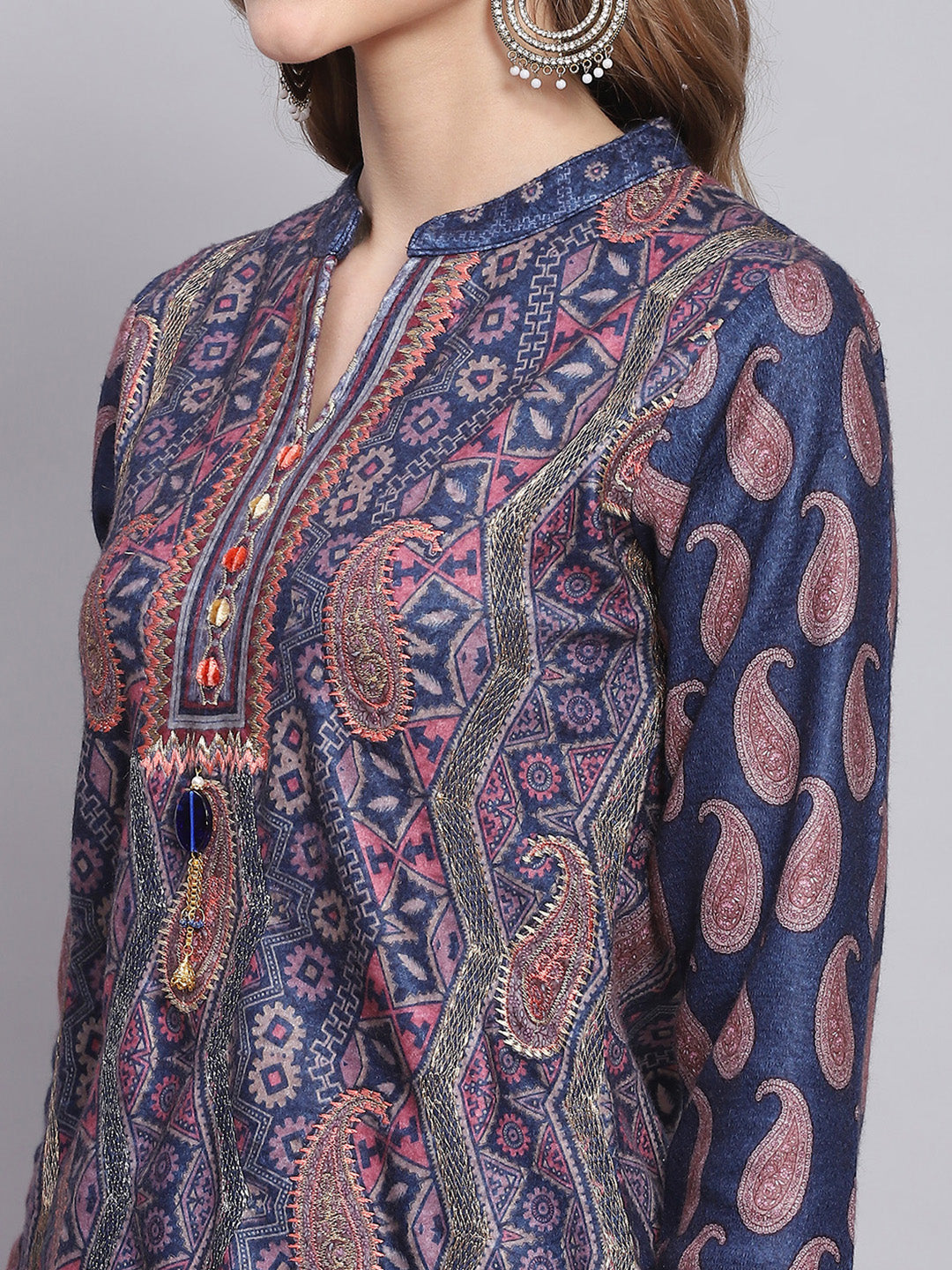 Women Blue Self Design Mandarin Collar Full Sleeve Kurtis Set