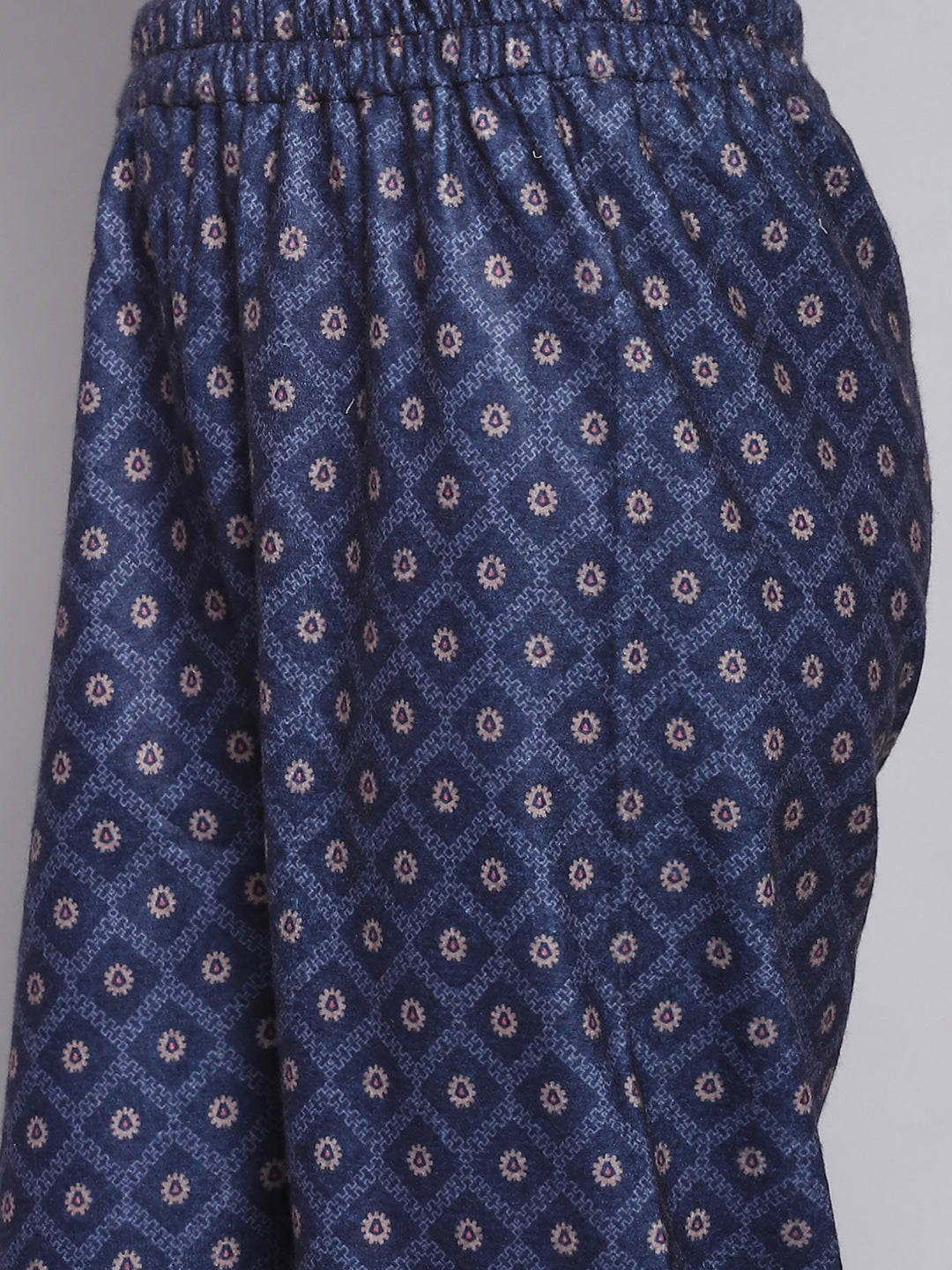 Women Blue Self Design Mandarin Collar Full Sleeve Kurtis Set