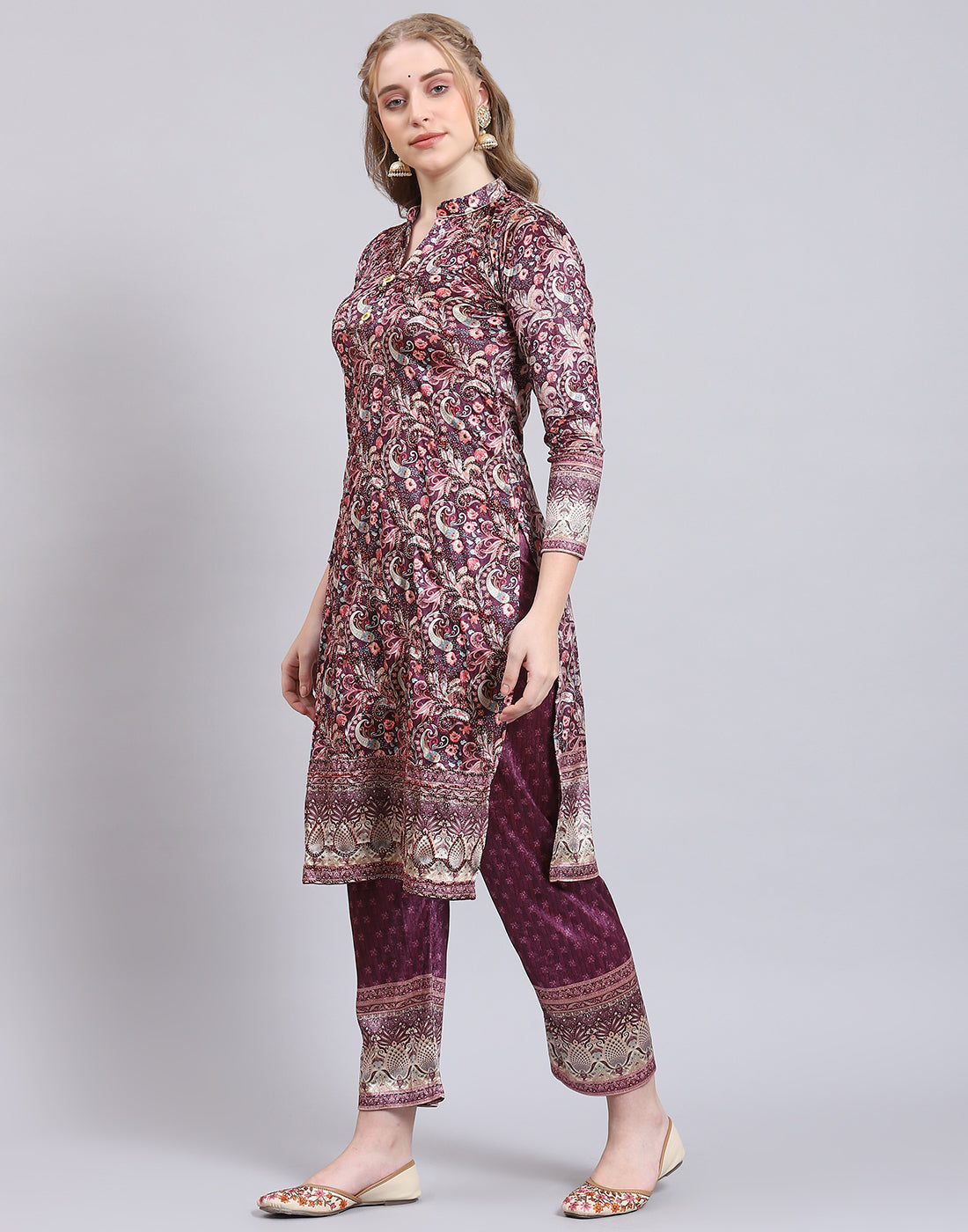 Women Purple Printed Mandarin Collar 3/4th Sleeve Kurtis Set