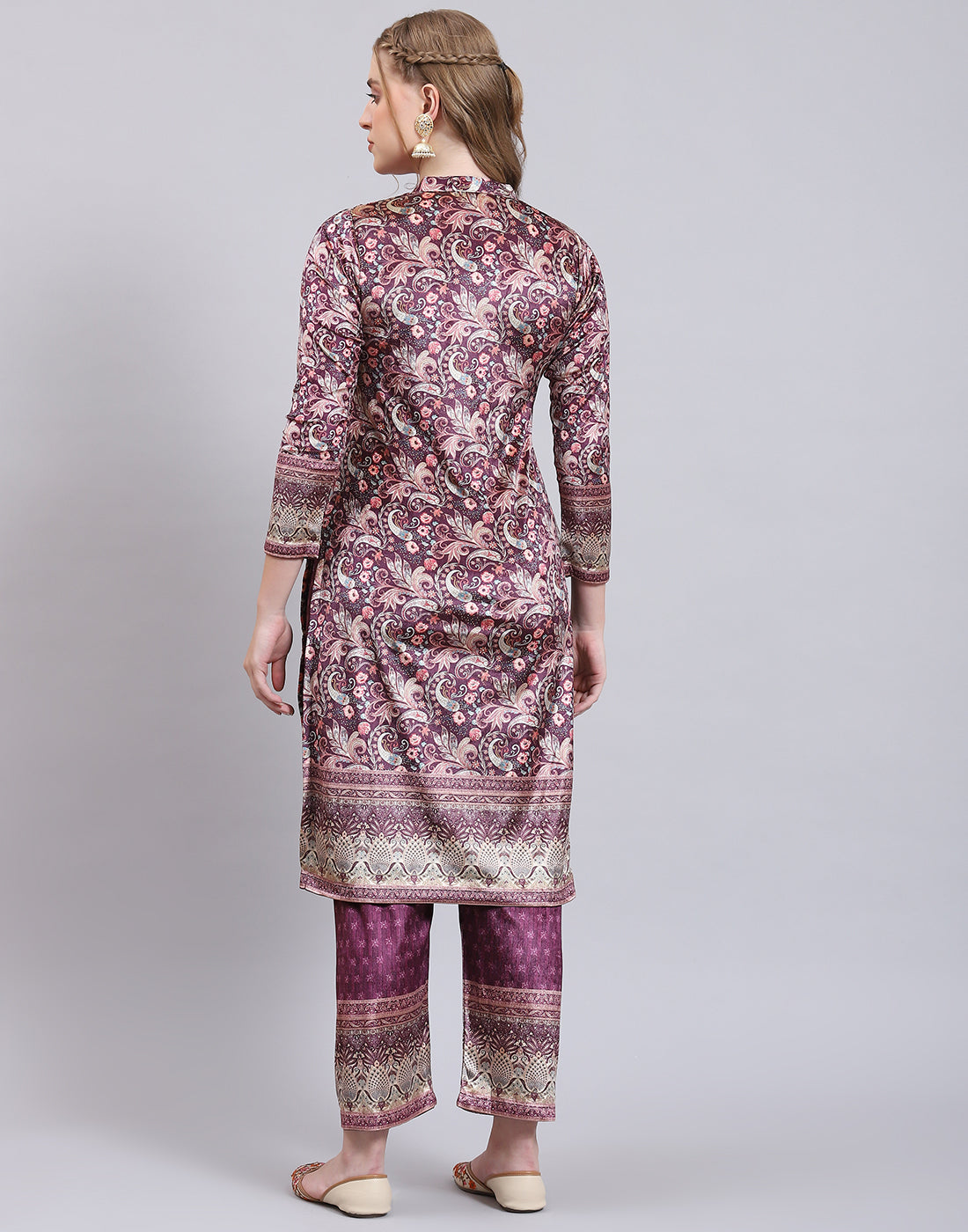 Women Purple Printed Mandarin Collar 3/4th Sleeve Kurtis Set