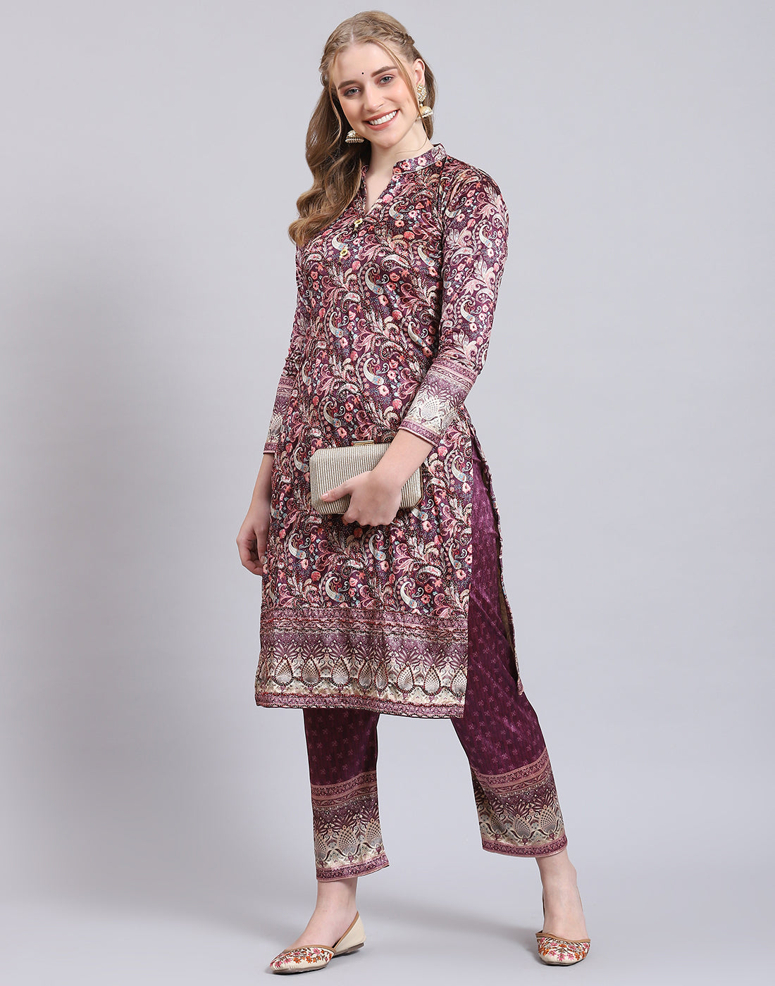 Women Purple Printed Mandarin Collar 3/4th Sleeve Kurtis Set