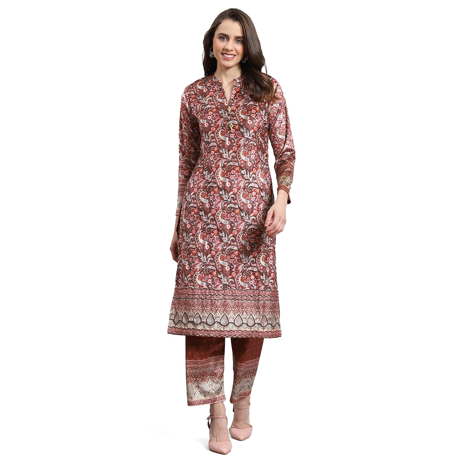 Women Rust Printed Mandarin Collar 3/4th Sleeve Kurtis Set