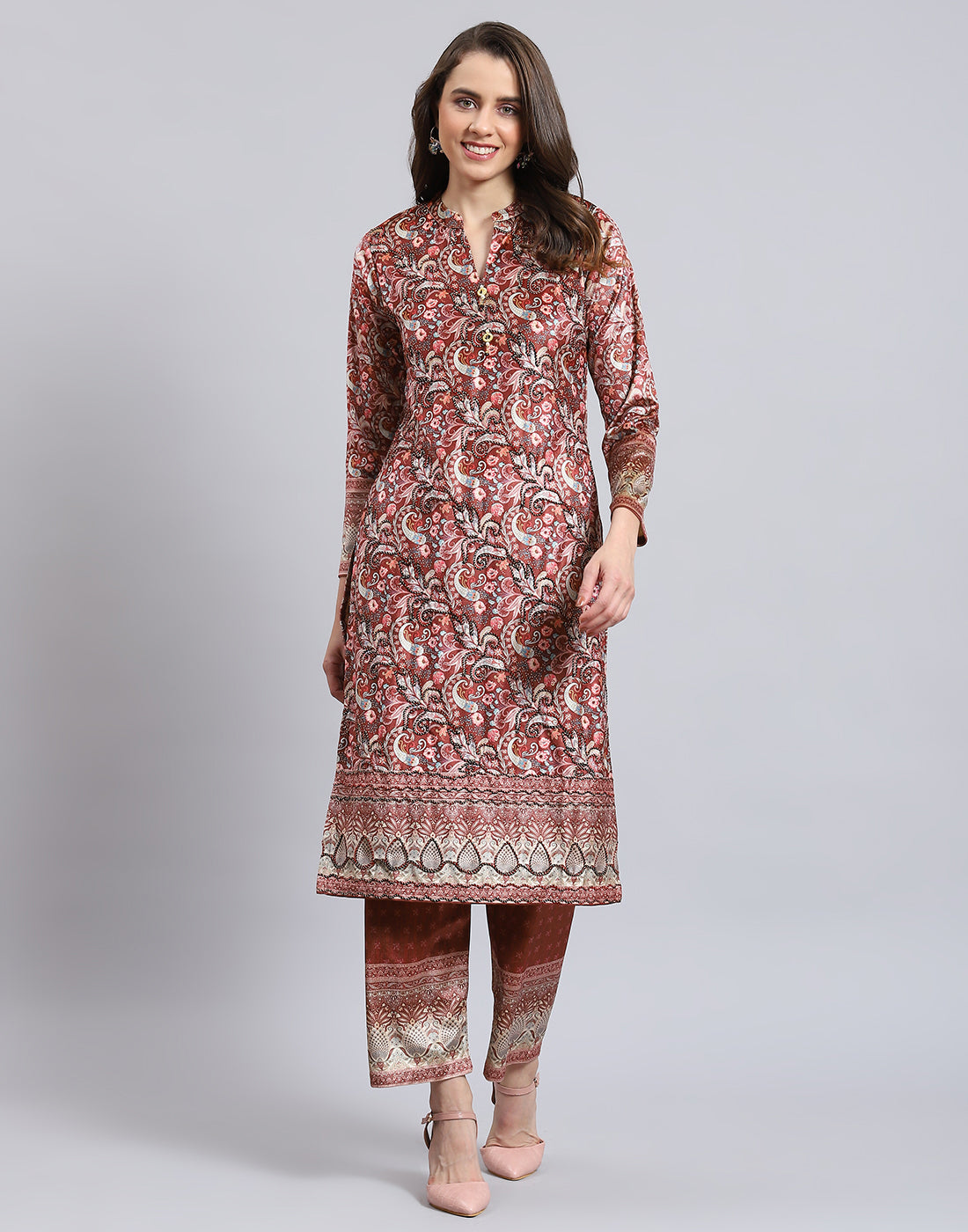 Women Rust Printed Mandarin Collar 3/4th Sleeve Kurtis Set