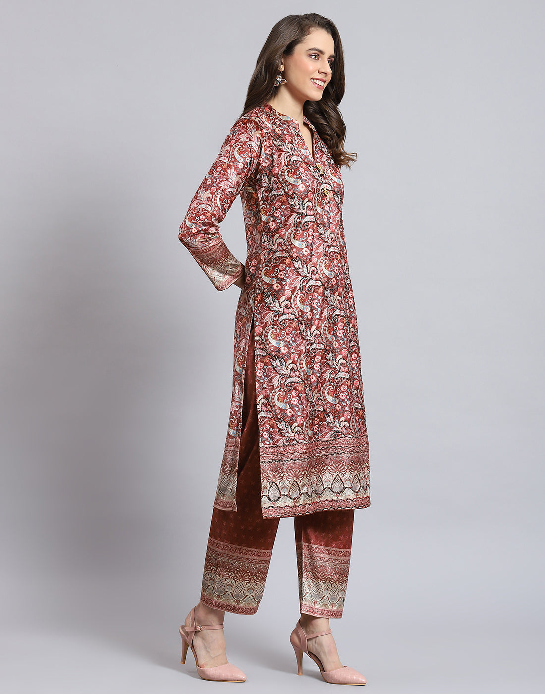 Women Rust Printed Mandarin Collar 3/4th Sleeve Kurtis Set