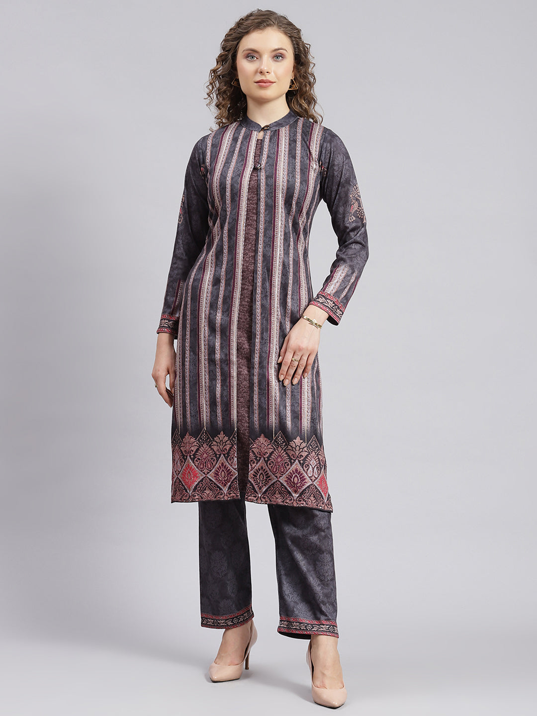 Buy Women Grey Self Design Wool blend Kurti Set Online in India