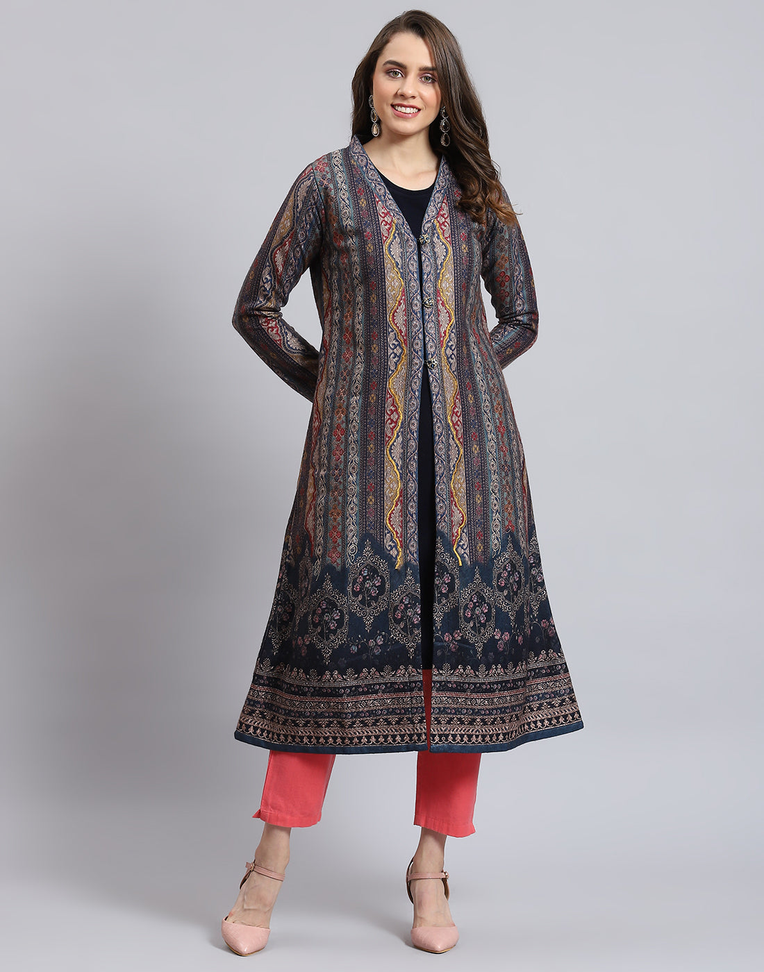 Women Teal Blue Printed V Neck Full Sleeve Kurti + Inner Set