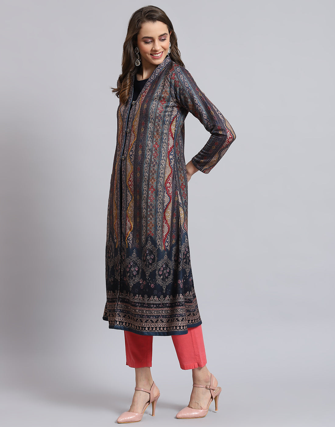 Women Teal Blue Printed V Neck Full Sleeve Kurti + Inner Set