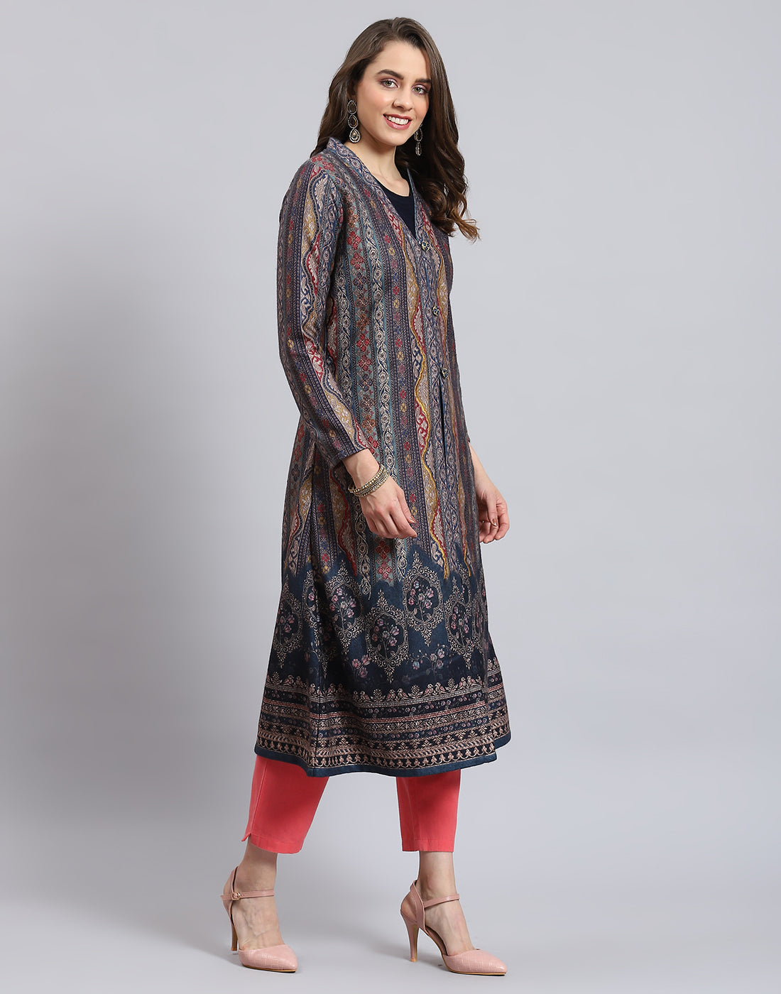 Women Teal Blue Printed V Neck Full Sleeve Kurti + Inner Set