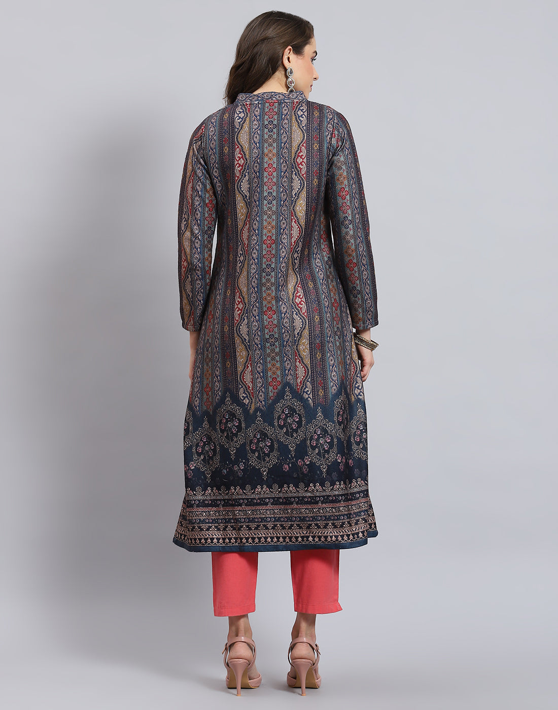 Women Teal Blue Printed V Neck Full Sleeve Kurti + Inner Set