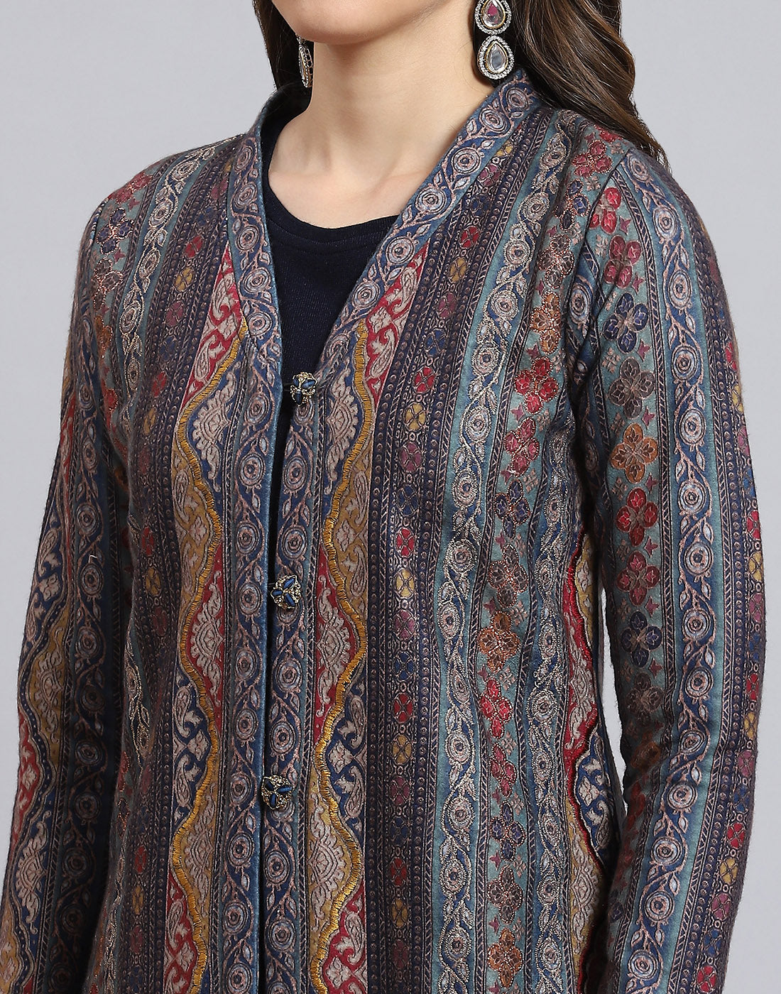 Women Teal Blue Printed V Neck Full Sleeve Kurti + Inner Set