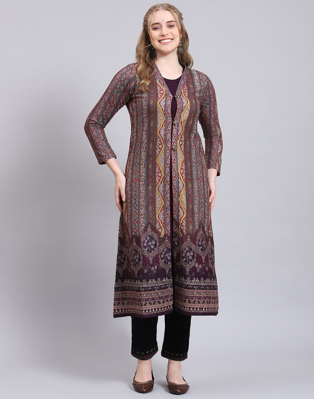 Women Purple Printed V Neck Full Sleeve Kurtis Set
