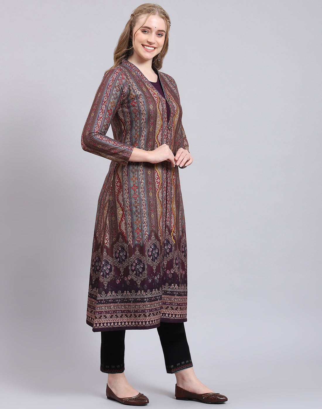 Women Purple Printed V Neck Full Sleeve Kurtis Set