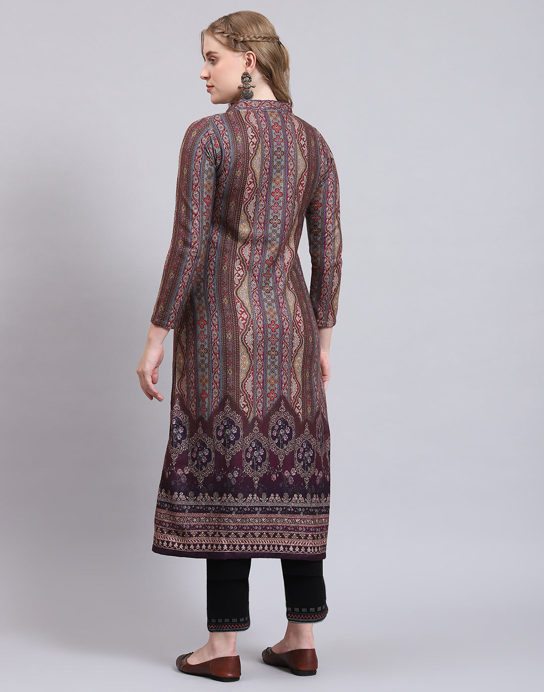 Women Purple Printed V Neck Full Sleeve Kurtis Set