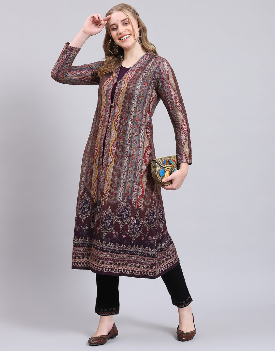 Women Purple Printed V Neck Full Sleeve Kurtis Set