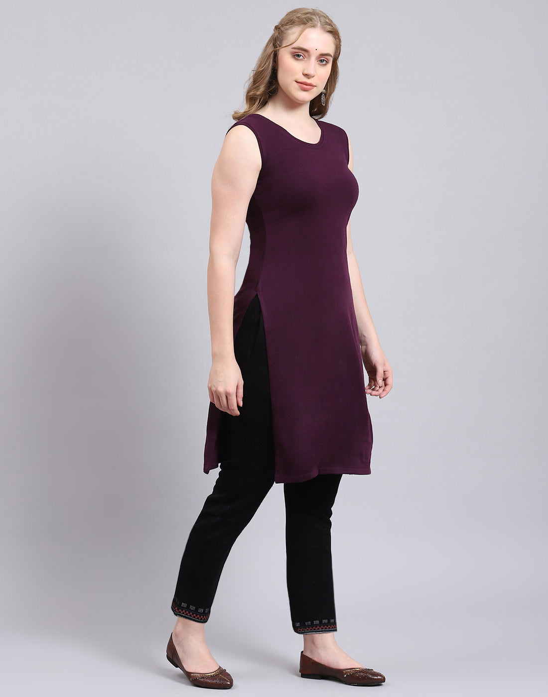 Women Purple Printed V Neck Full Sleeve Kurtis Set