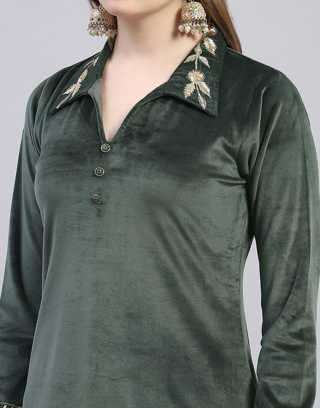 Women Green Embroidered Collar Full Sleeve Cords Set