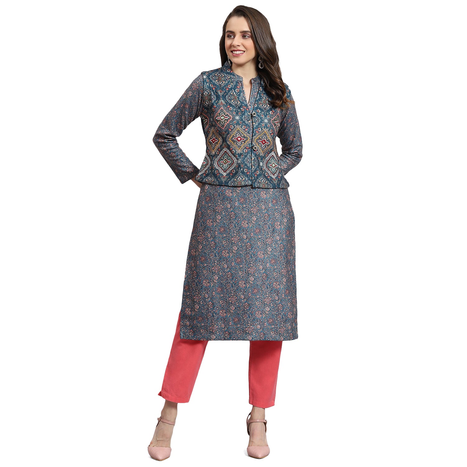 Women Teal Blue Printed Mandarin Collar Full Sleeve Kurtis Set