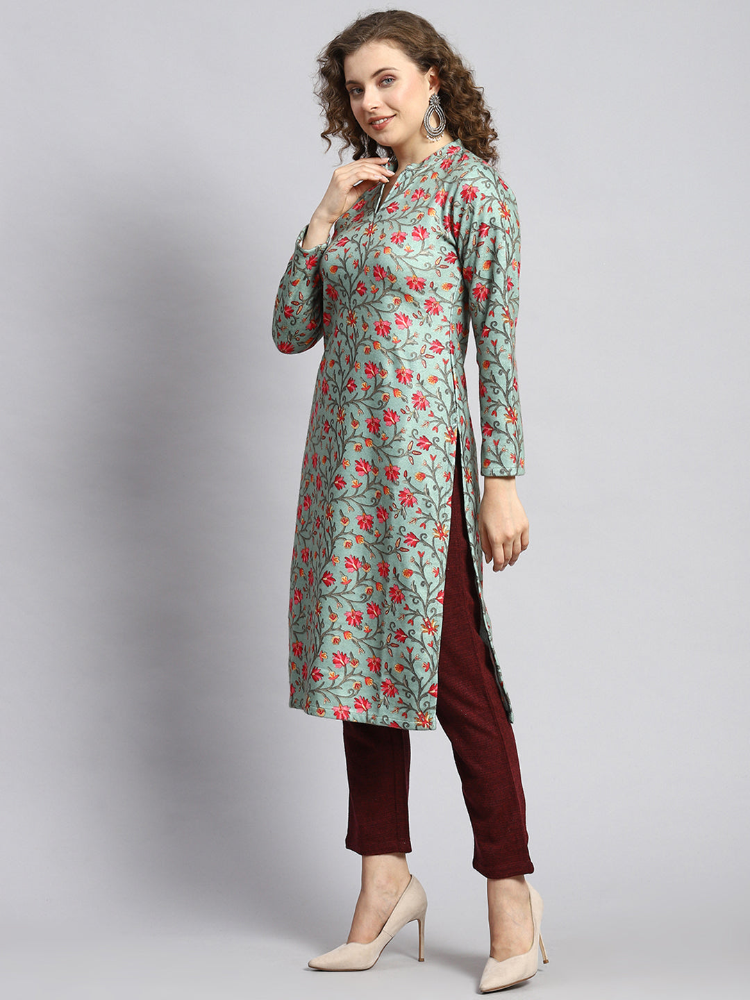 Women Green Self Kurti+Jacket