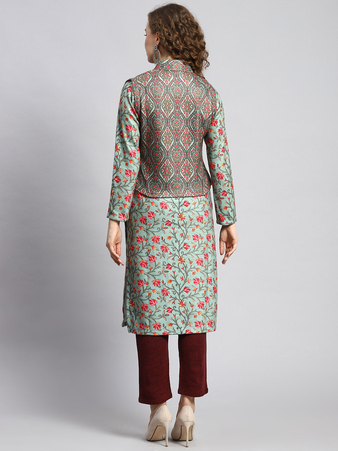 Women Green Self Kurti+Jacket
