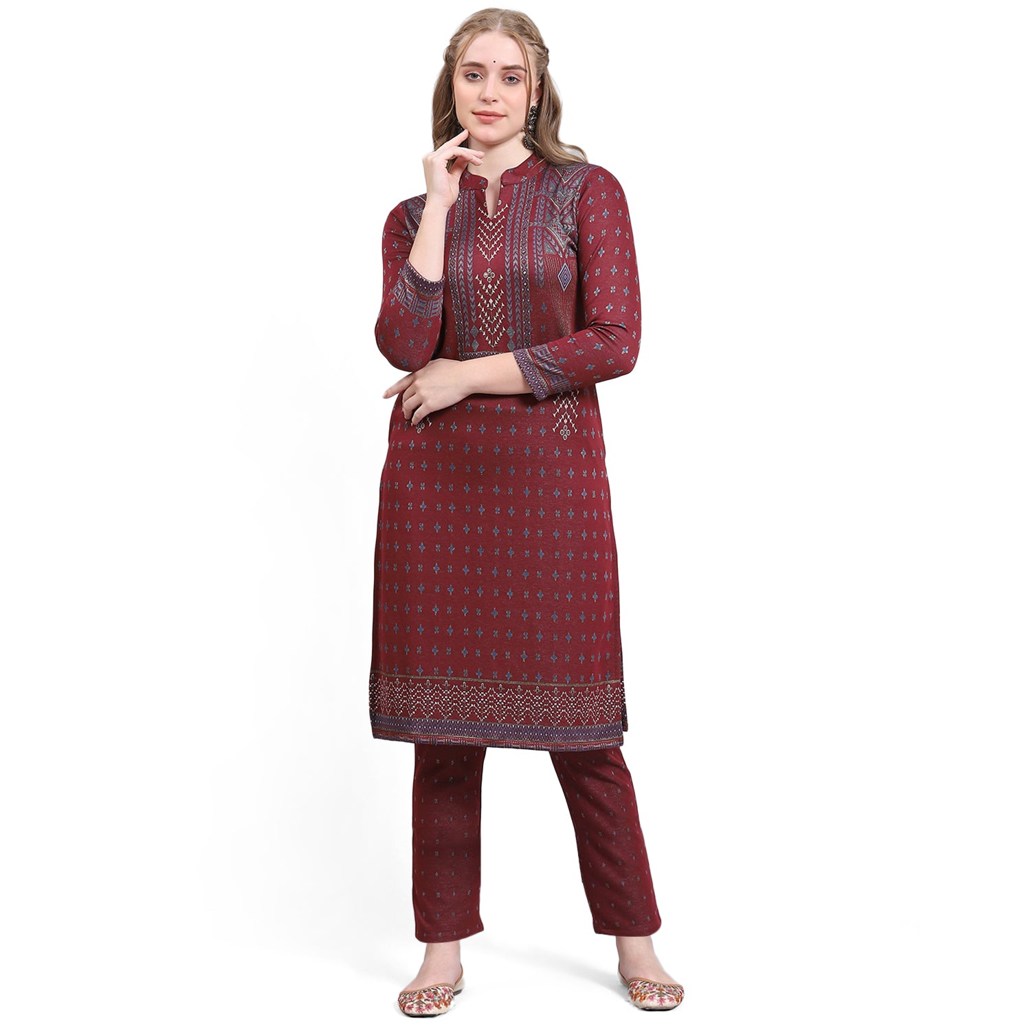 Women Maroon Printed Collar Full Sleeve Kurtis Set