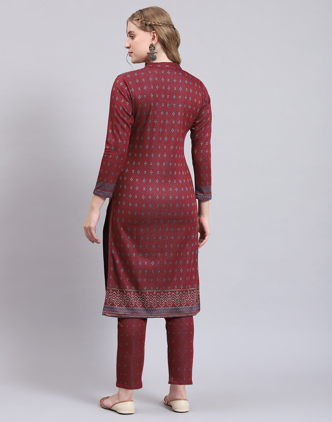 Women Maroon Printed Collar Full Sleeve Kurtis Set