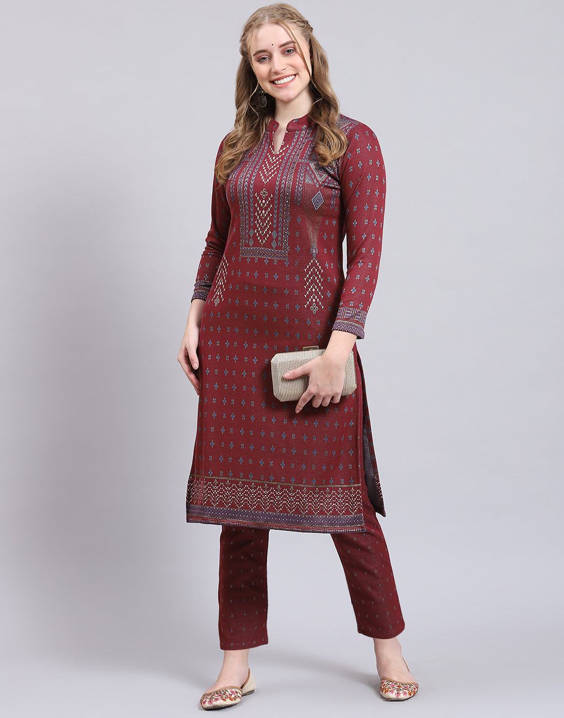 Women Maroon Printed Collar Full Sleeve Kurtis Set