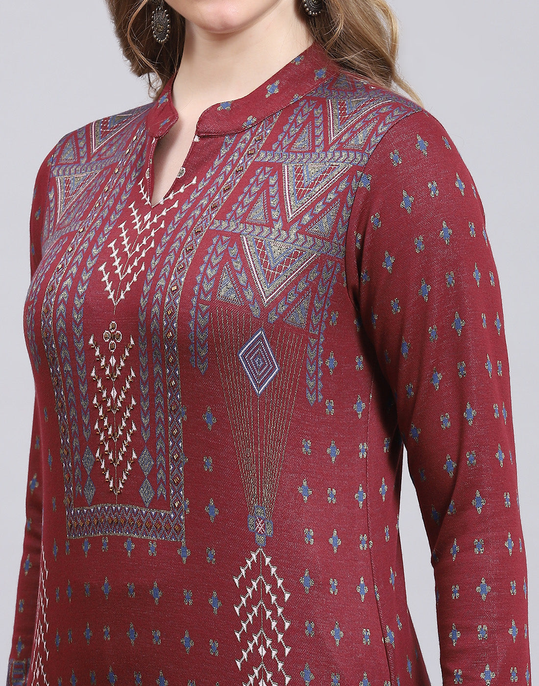 Women Maroon Printed Collar Full Sleeve Kurtis Set