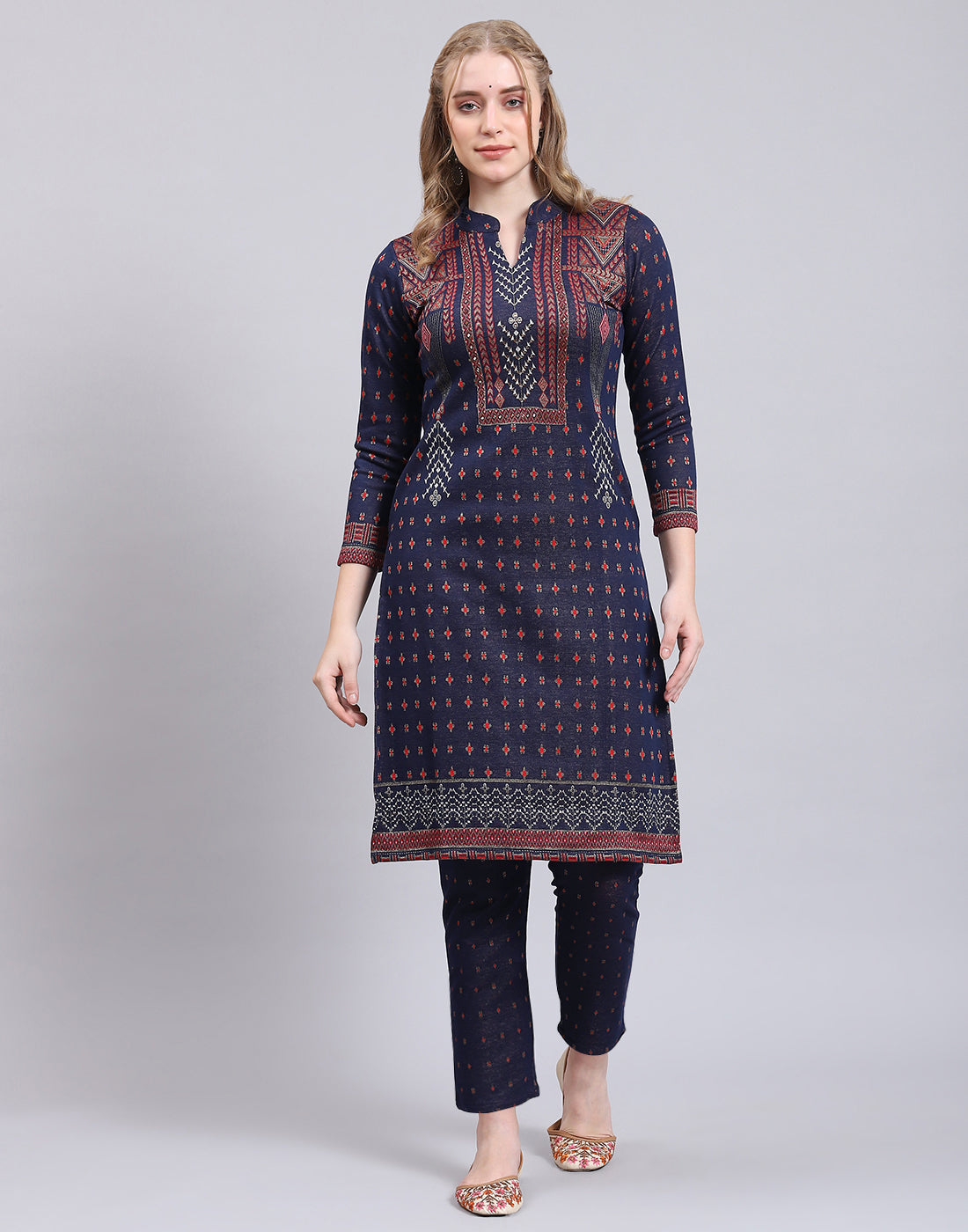 Women Navy Blue Printed Collar Full Sleeve Kurtis Set