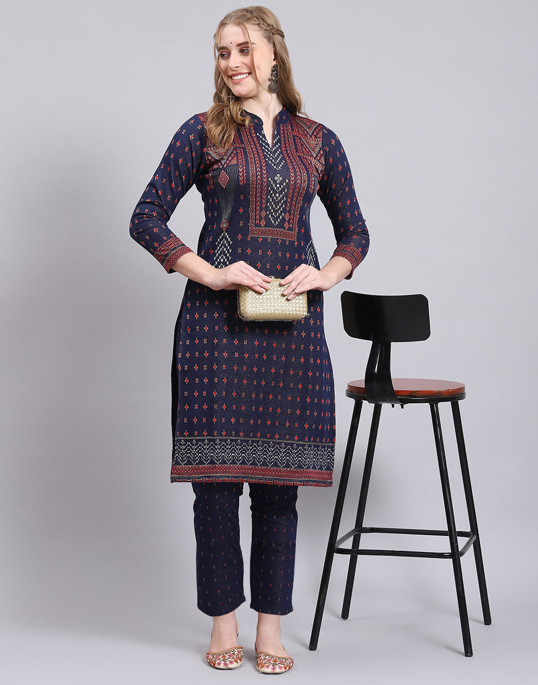 Buy Women Navy Blue Printed Collar Full Sleeve Kurtis Set Online in