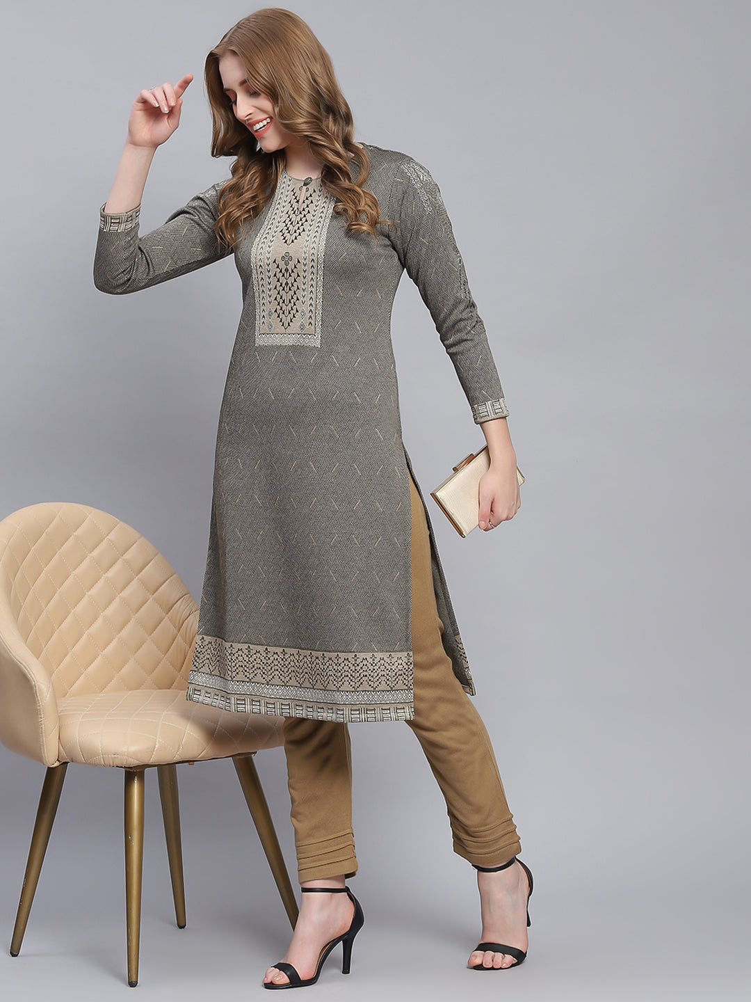 Women Grey Self Design Round Neck Full Sleeve Kurtis