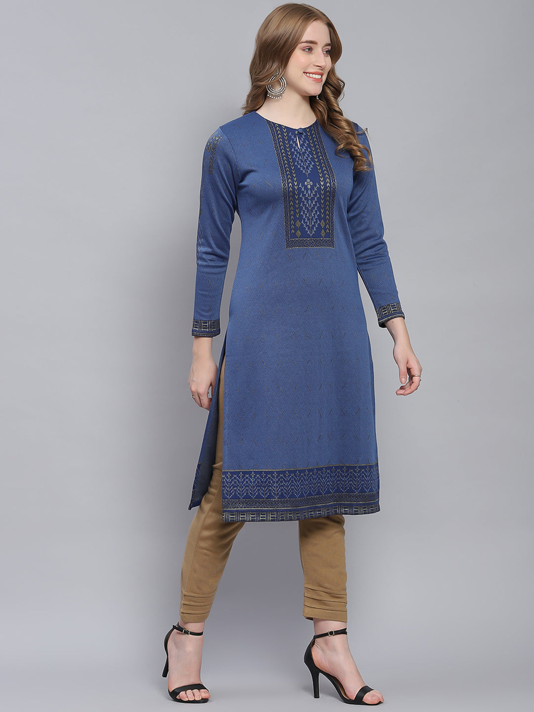 Women Blue Self Design Round Neck Full Sleeve Kurtis