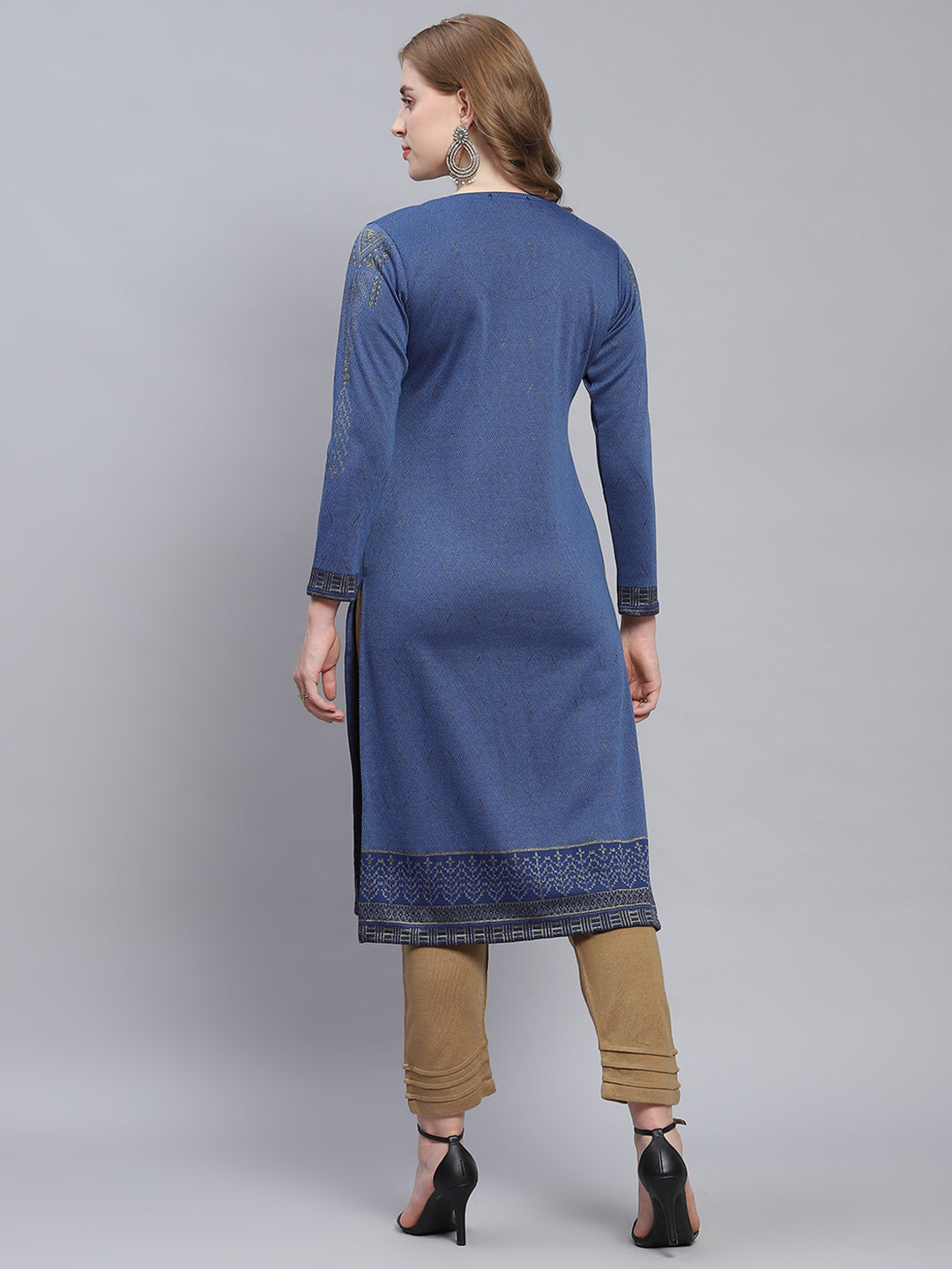 Women Blue Self Design Round Neck Full Sleeve Kurtis