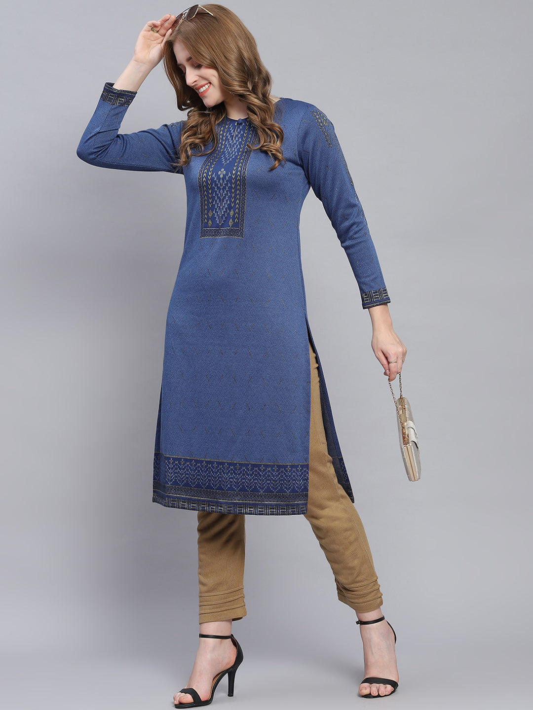 Women Blue Self Design Round Neck Full Sleeve Kurtis