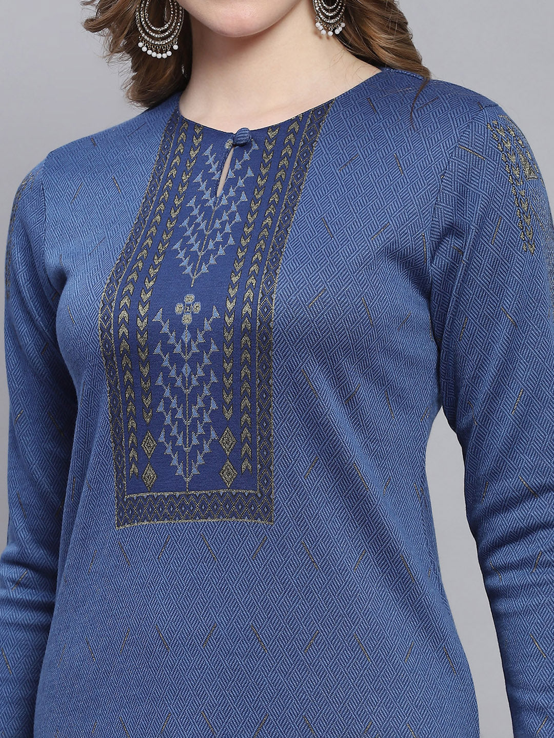 Women Blue Self Design Round Neck Full Sleeve Kurtis