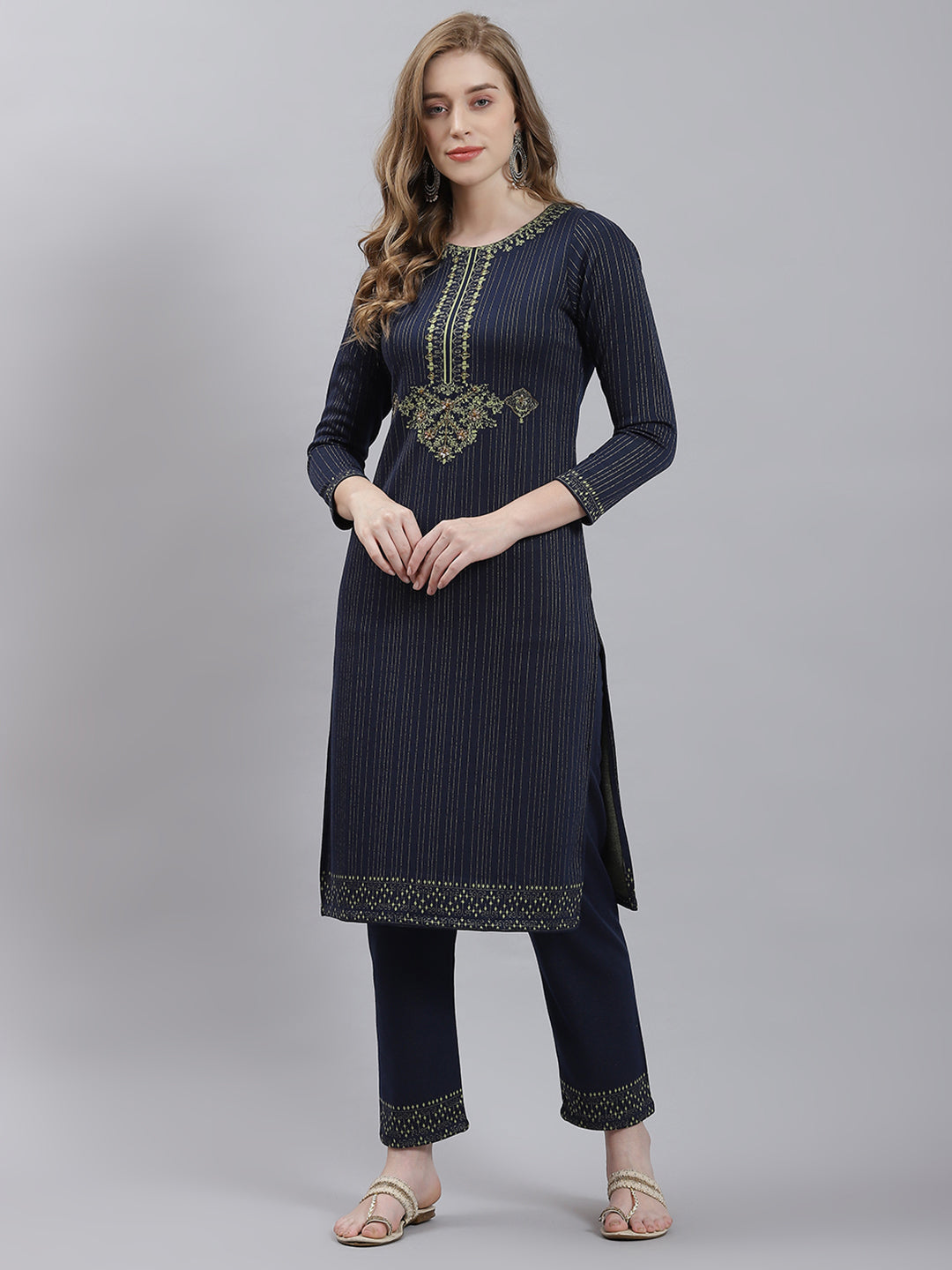 Women Navy Blue Self Kurti+Lower Set