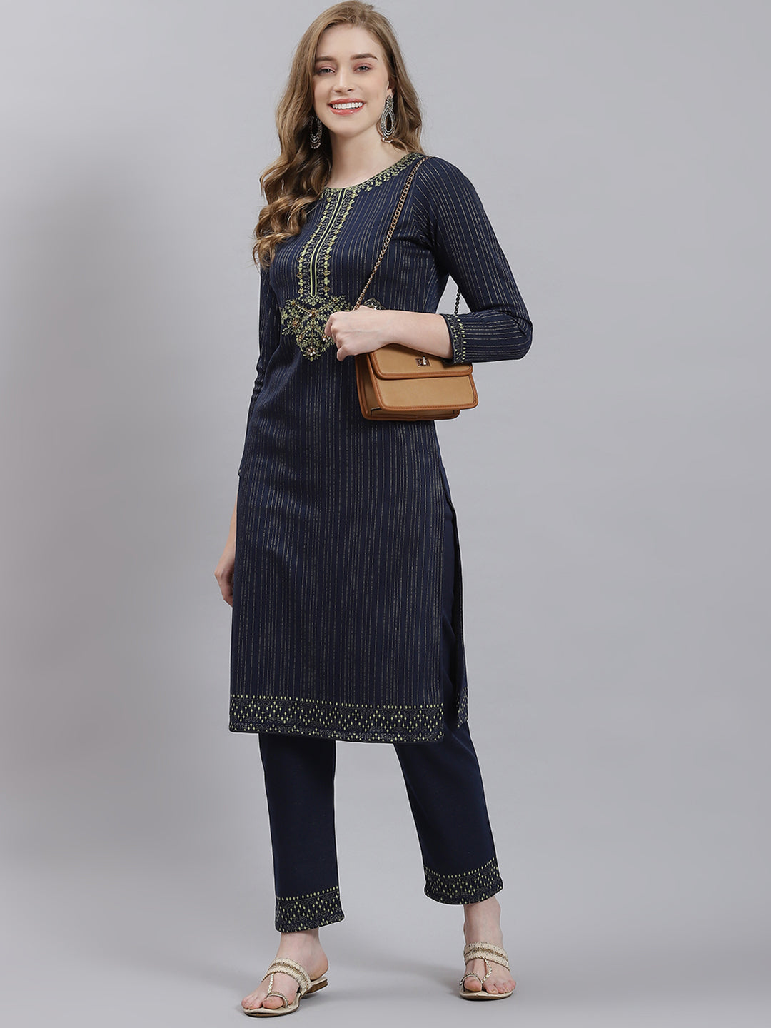 Women Navy Blue Self Kurti+Lower Set