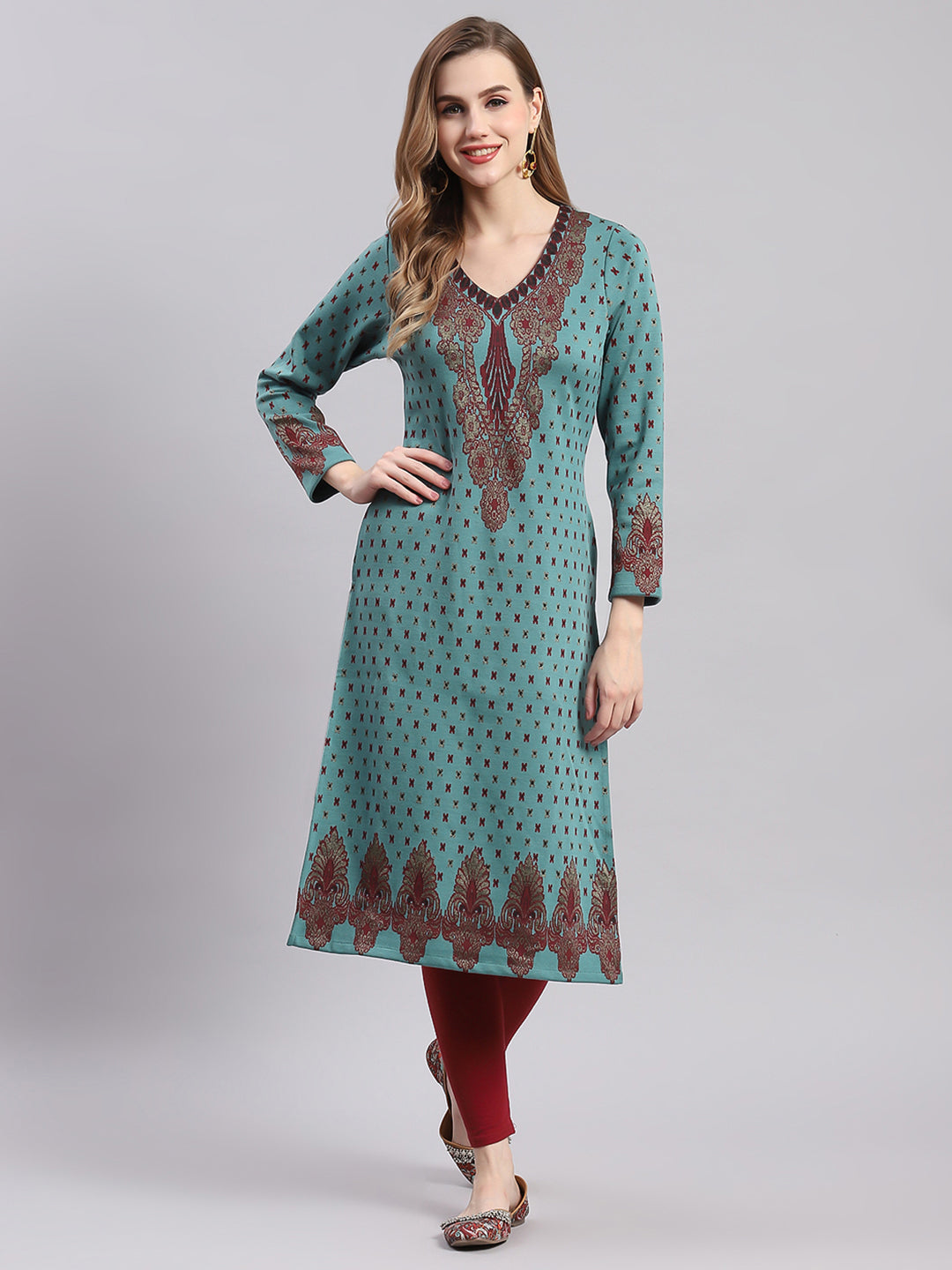 Women Teal Blue Printed V Neck Full Sleeve Kurtis